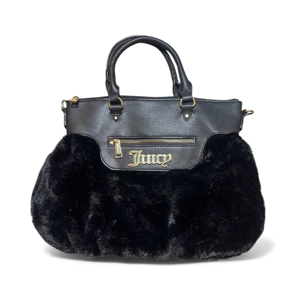 Juicy‎ Couture Black Faux Fur Satchel Handbag Gold Logo Detachable Strap Fluffy